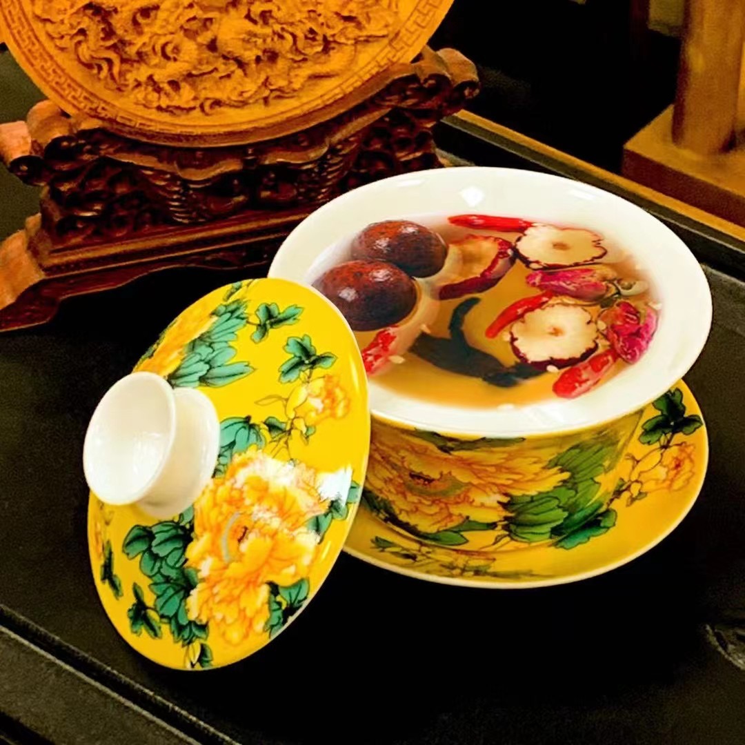 Kun Kun Ceramic Large 320ml Ceramic Covered Bowl Tea Cup, SAN CAI Bowl, SAN Pao Tai Eight Treasures Tea, Ethnic style covered Bowl Tea House Coffee Shop pic 5