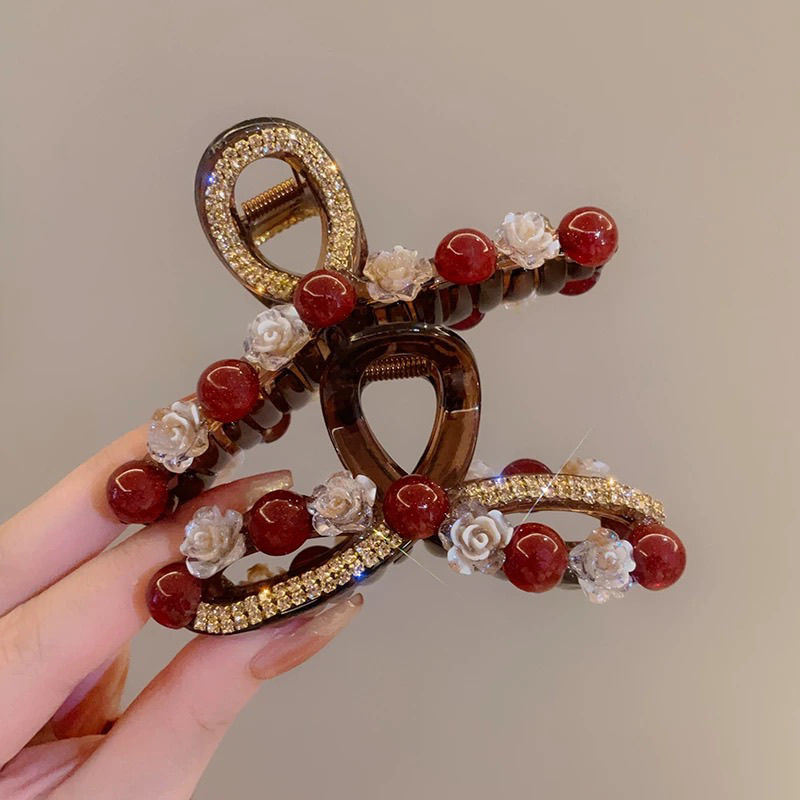 New Year's red camellia large grabber for women's back head hair accessory, light luxury, fashionable and elegant headwear, updo, shark clip, hair clip and hairpin detail image 3