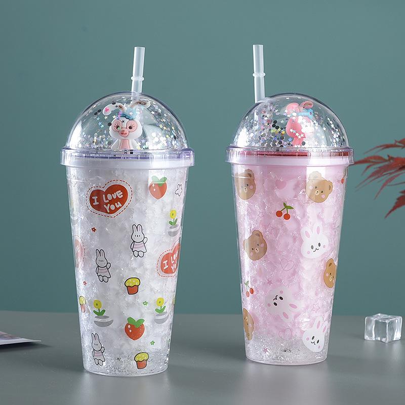 new creative cartoon double plastic straw cup bunny with straw summer ice cup children's led cup with light Specification drawing