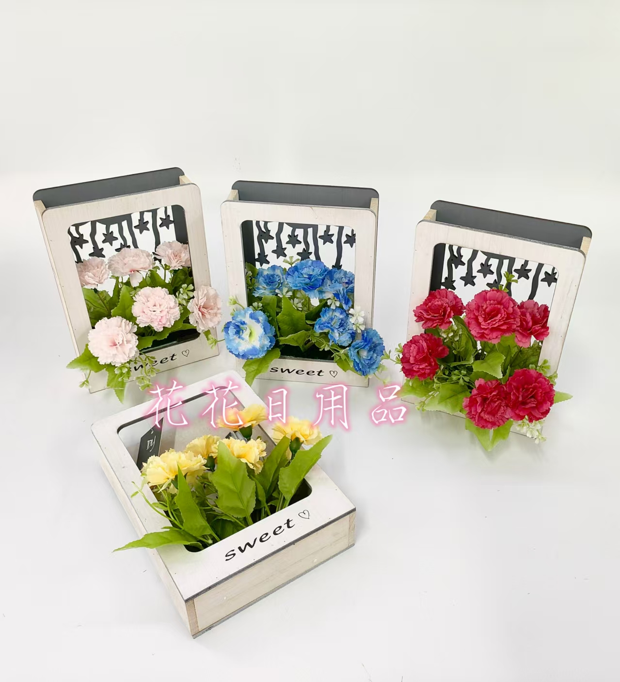 仿真花假花盆景木头盒子康乃馨挂件摆件装饰品详情1