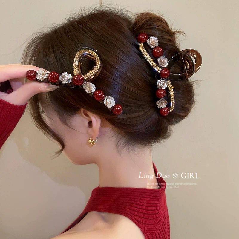 New Year's red camellia large grabber for women's back head hair accessory, light luxury, fashionable and elegant headwear, updo, shark clip, hair clip and hairpin detail image 7