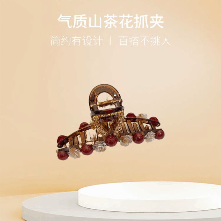 New Year's red camellia large grabber for women's back head hair accessory, light luxury, fashionable and elegant headwear, updo, shark clip, hair clip and hairpin detail image 2