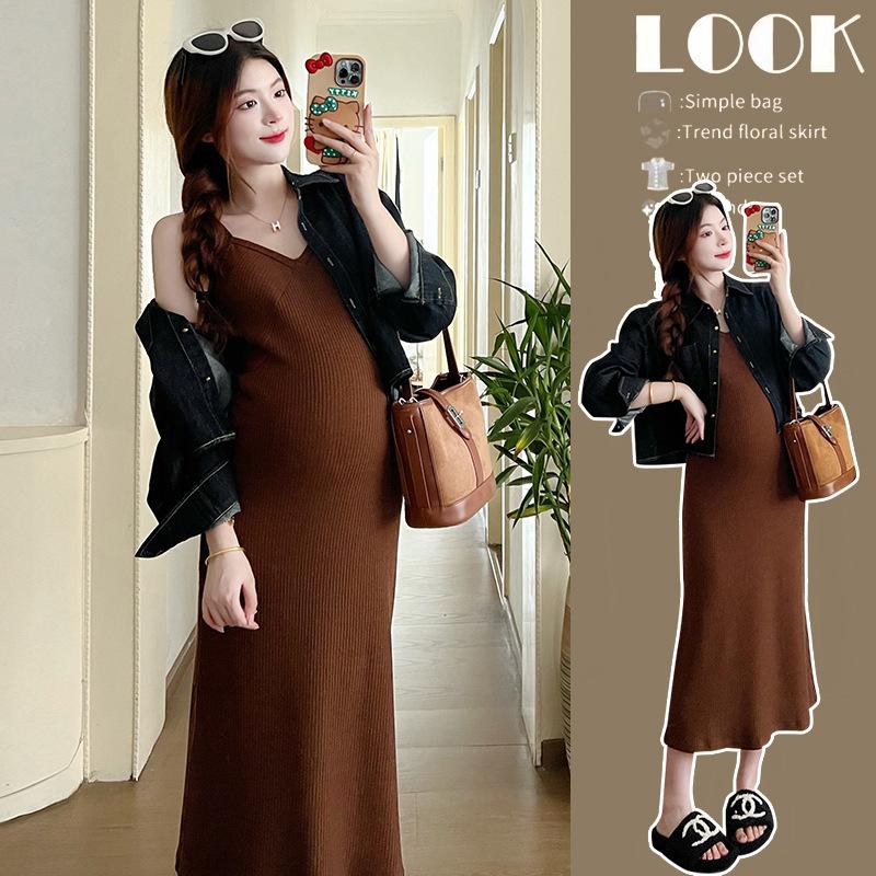 real shot pregnant women's denim jacket versatile socialite wind dress knitted fabric dress
