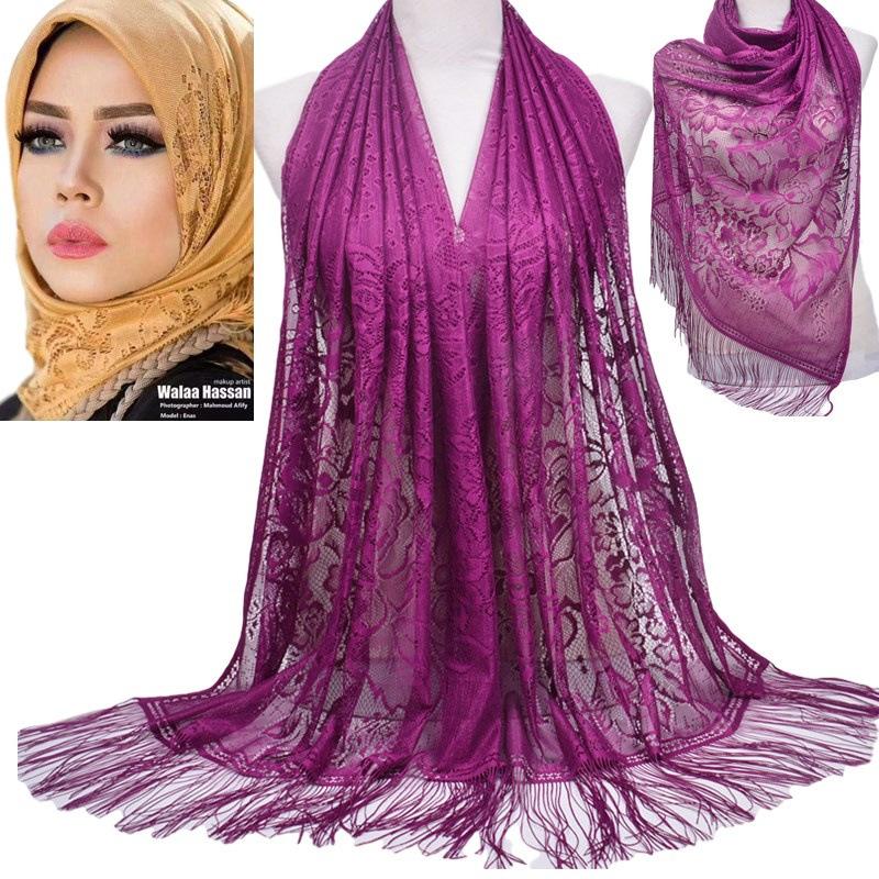 muslim scarf cover solid color lace hollow tassel scarf women's summer malaysia long scarf shawl