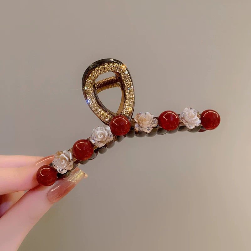 New Year's red camellia large grabber for women's back head hair accessory, light luxury, fashionable and elegant headwear, updo, shark clip, hair clip and hairpin detail image 8