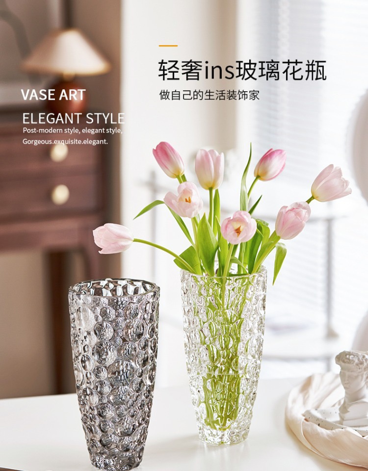 北欧轻奢圆点水晶玻璃花瓶客厅桌面高档高透玻璃鲜花水养器皿摆件详情1