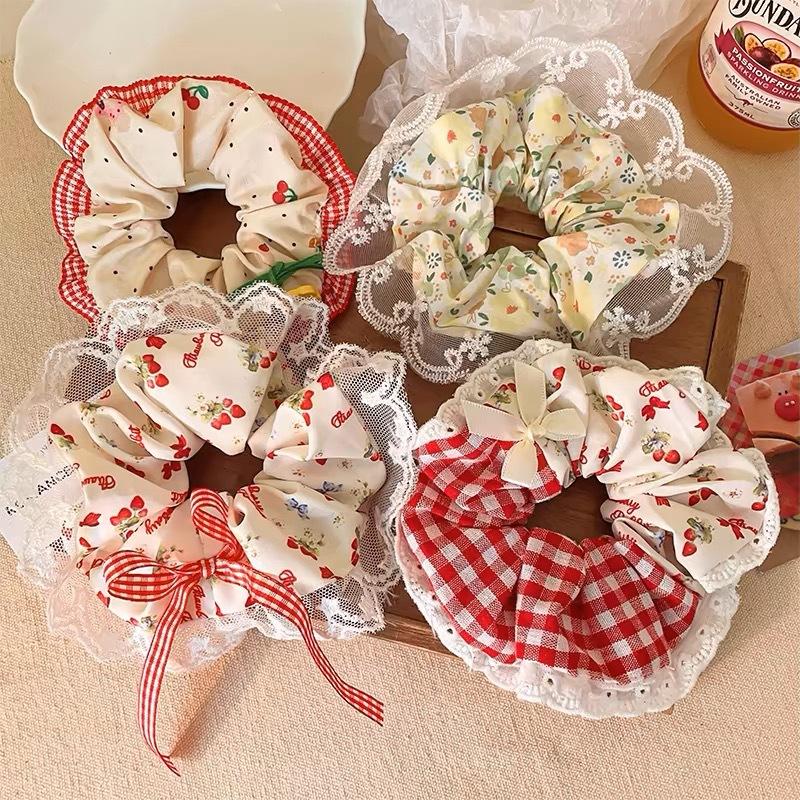 large intestine hair ring female bow sweet head rope hair accessories cute chibi maruko chan headdress summer square scarf lace headdress flower hair rope