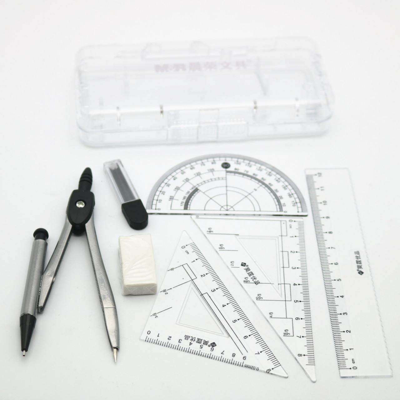 wholesale student drawing office compasses set full set ruler mechanical pencil lead rubber seven-piece drawing tool 129 Specification drawing