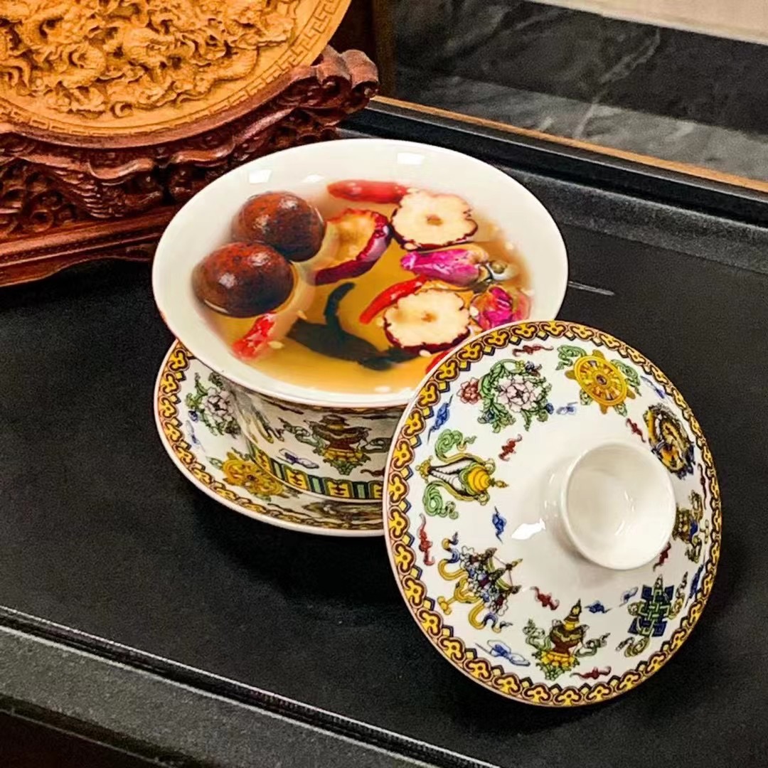 Kun Kun Ceramic Large 320ml Ceramic Covered Bowl Tea Cup, SAN CAI Bowl, SAN Pao Tai Eight Treasures Tea, Ethnic style covered Bowl Tea House Coffee Shop details Picture