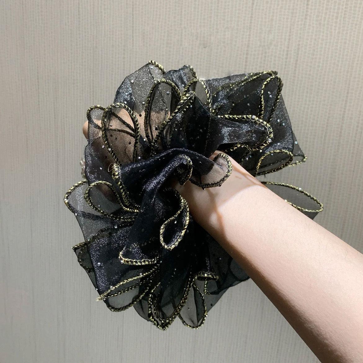 high-grade black mesh with diamond hair band high elastic durable rubber band bud-like hair style bun hairtie hair rope