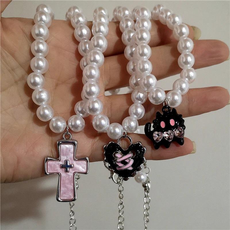 gothic retro pink cross pendant stringed pearls necklace girl y2g emo aesthetic charm jewelry accessories