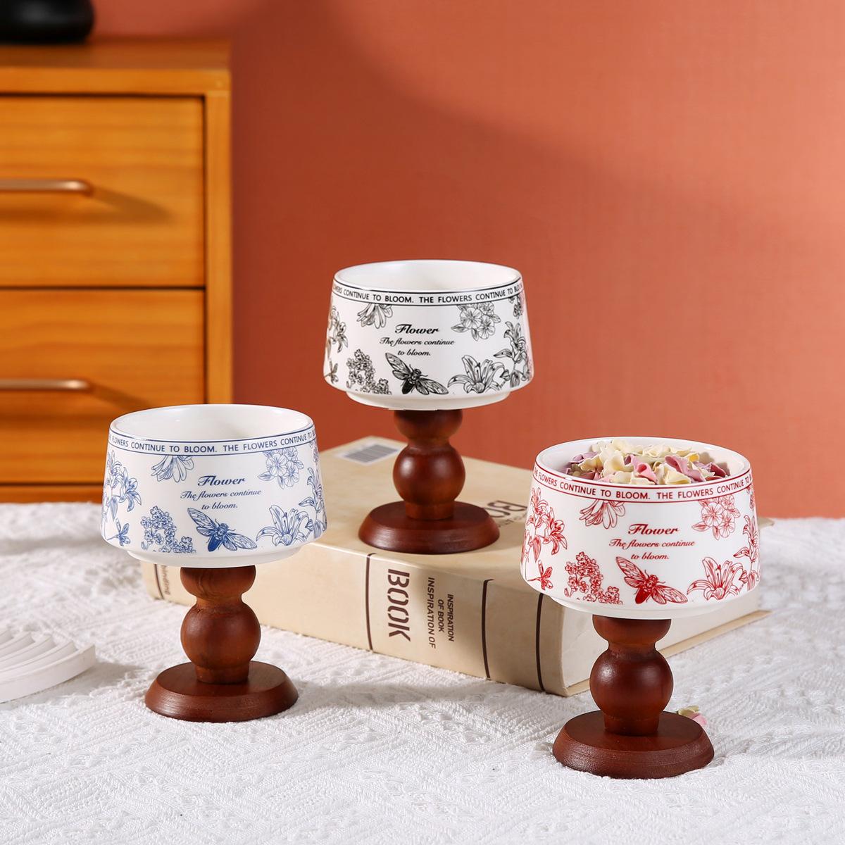 法式中古风复古INS摆件青花陶瓷碗木质高脚碗甜品杯蜡烛杯雪糕碗