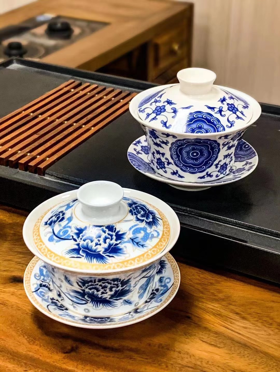 Kun Kun Ceramic Large 320ml Ceramic Covered Bowl Tea Cup, SAN CAI Bowl, SAN Pao Tai Eight Treasures Tea, Ethnic style covered Bowl Tea House Coffee Shop Item Picture