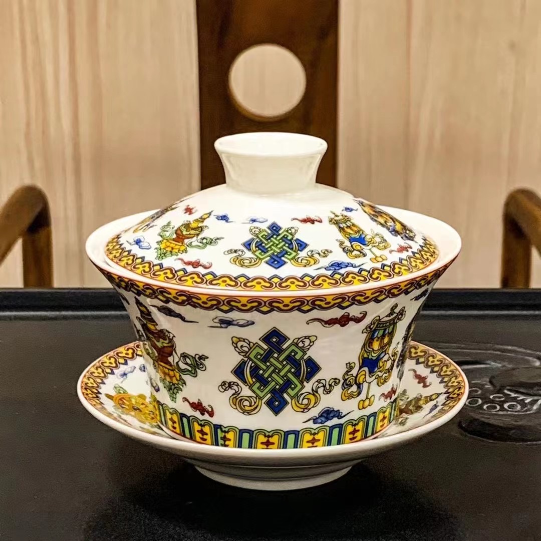 Kun Kun Ceramic Large 320ml Ceramic Covered Bowl Tea Cup, SAN CAI Bowl, SAN Pao Tai Eight Treasures Tea, Ethnic style covered Bowl Tea House Coffee Shop