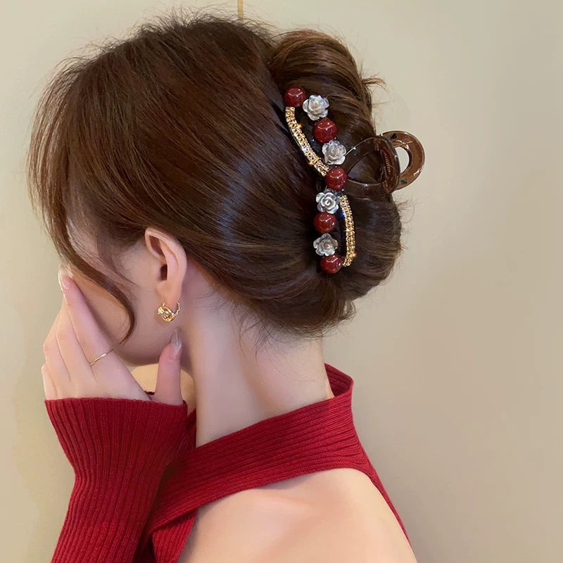 New Year's red camellia large grabber for women's back head hair accessory, light luxury, fashionable and elegant headwear, updo, shark clip, hair clip and hairpin detail image 6