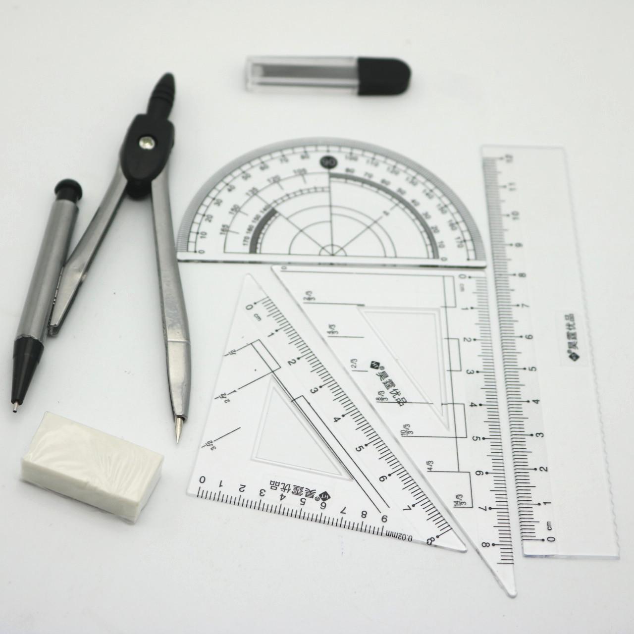 wholesale student drawing office compasses set full set ruler mechanical pencil lead rubber seven-piece drawing tool 129 details Picture
