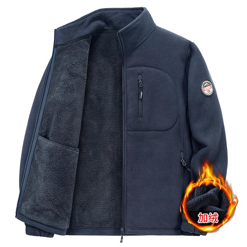 polar fleece jacket men's autumn and winter fleece sweater cardigan fleece-lined thickened men's middle-aged stand collar warm jacket top