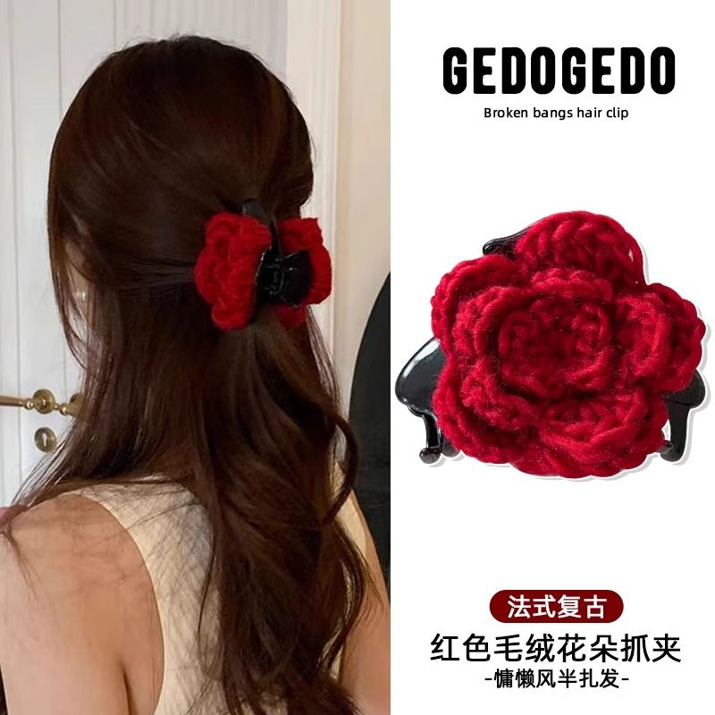 Cute red rose flower clips, New Year red handcrafted flower art hair clips, Chenmo accessories, hair clips wholesale detail image 11