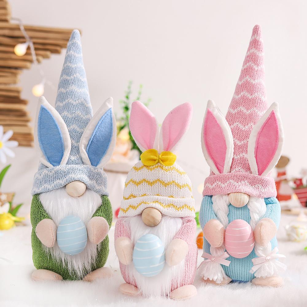 Easter Scene Setting Props Dwarf Doll Ornaments Knitted Fabric Egg Holding Forest Man Rabbit Doll Wholesale