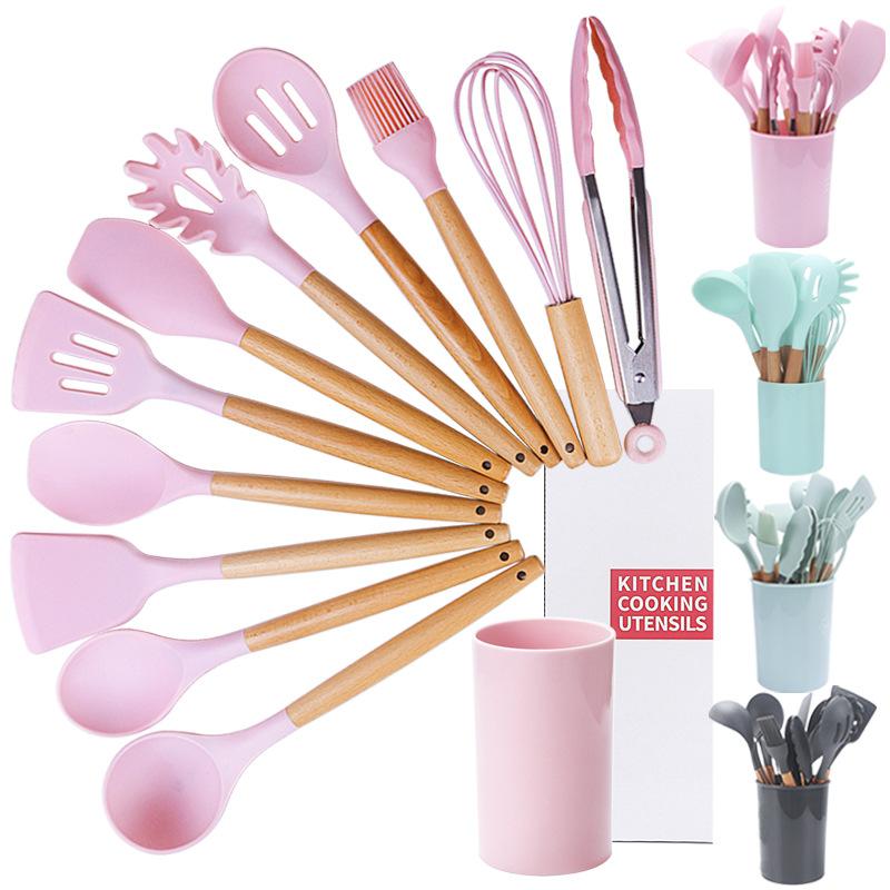 kitchen accessory kitchen appliance Amazon Hot Khaki Storage Barrel Wooden Handle Silicone Kitchenware 11-Piece Kitchen Utensils Cooking Set