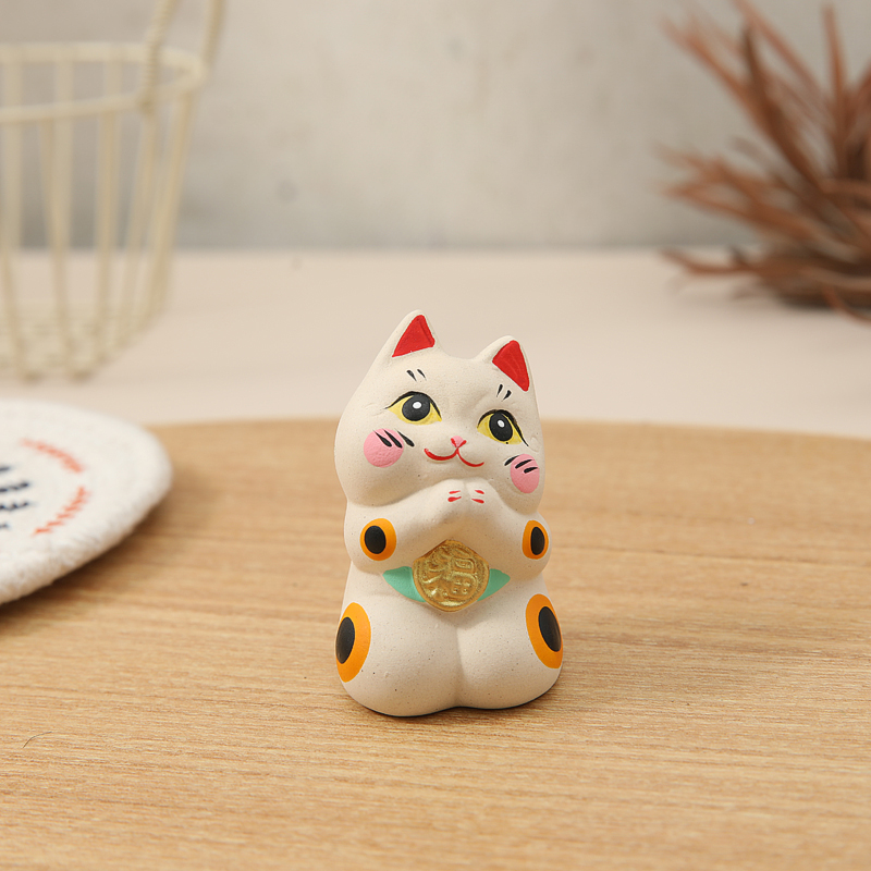 乐喵 粗陶陶瓷工艺品开运招财招福手绘招财猫桌面家居送礼小摆件