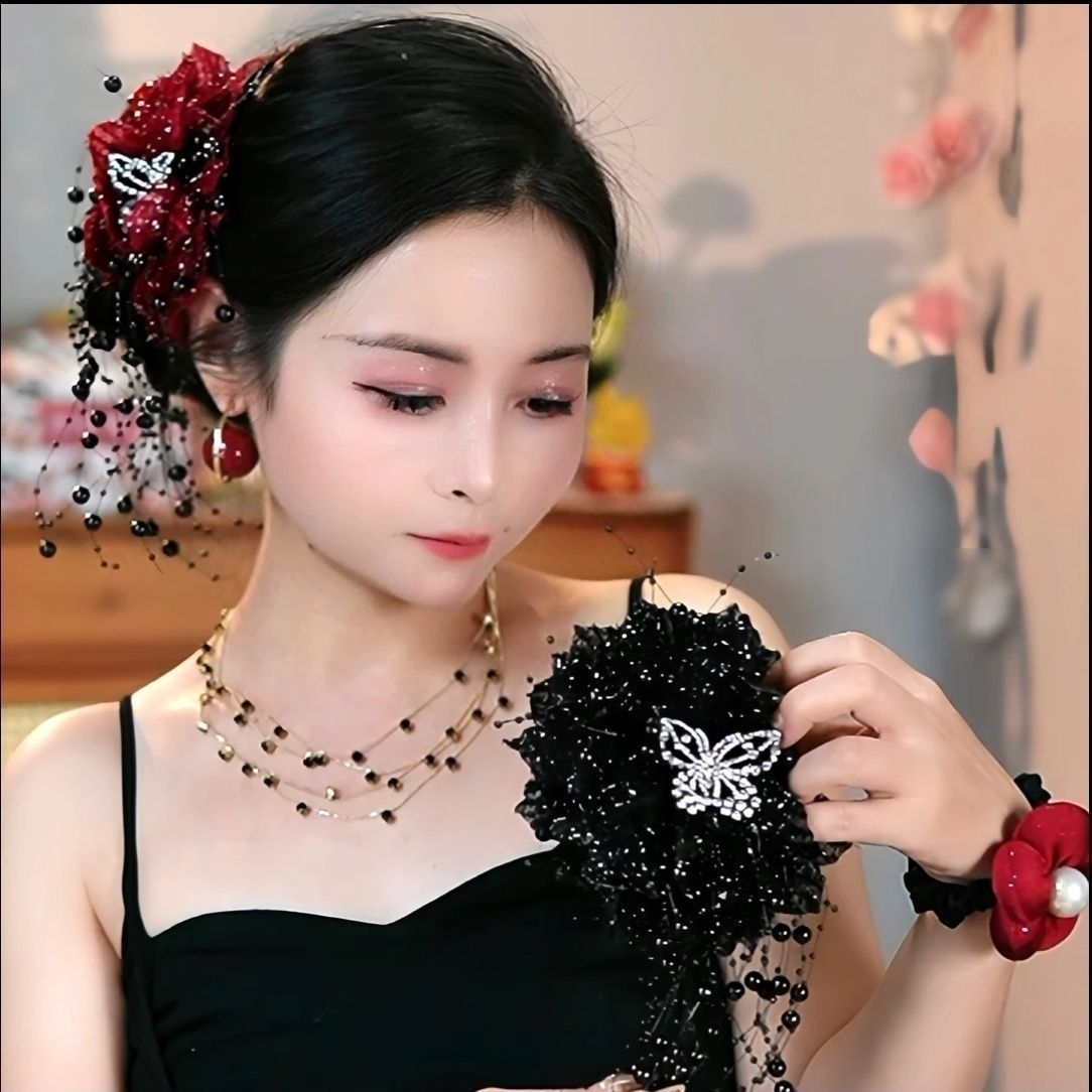 A new Korean-style, retro, versatile and fashionable headpiece with bright silk, flower, butterfly, tassel, shark, and a large hairpin at the back of the head detail image 5