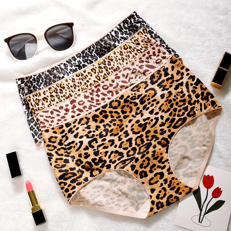seamless underwear large size satin leopard print mid-waist plain cotton comfortable breathable women's briefs