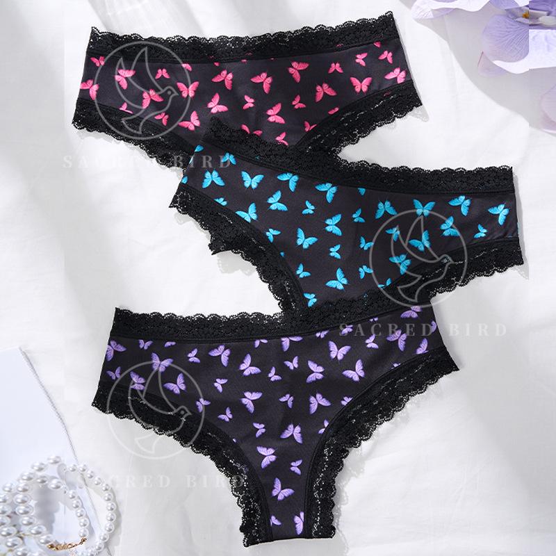 sexy lace stitching ice silk thin quick-drying women's underwear butterfly print large size low waist classic briefs full figure