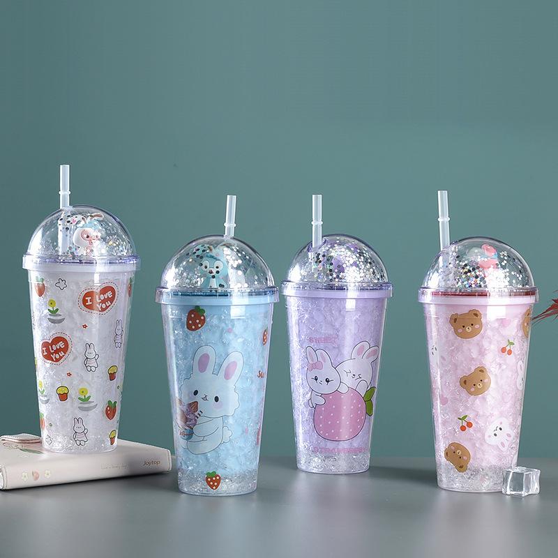 new creative cartoon double plastic straw cup bunny with straw summer ice cup children's led cup with light full figure