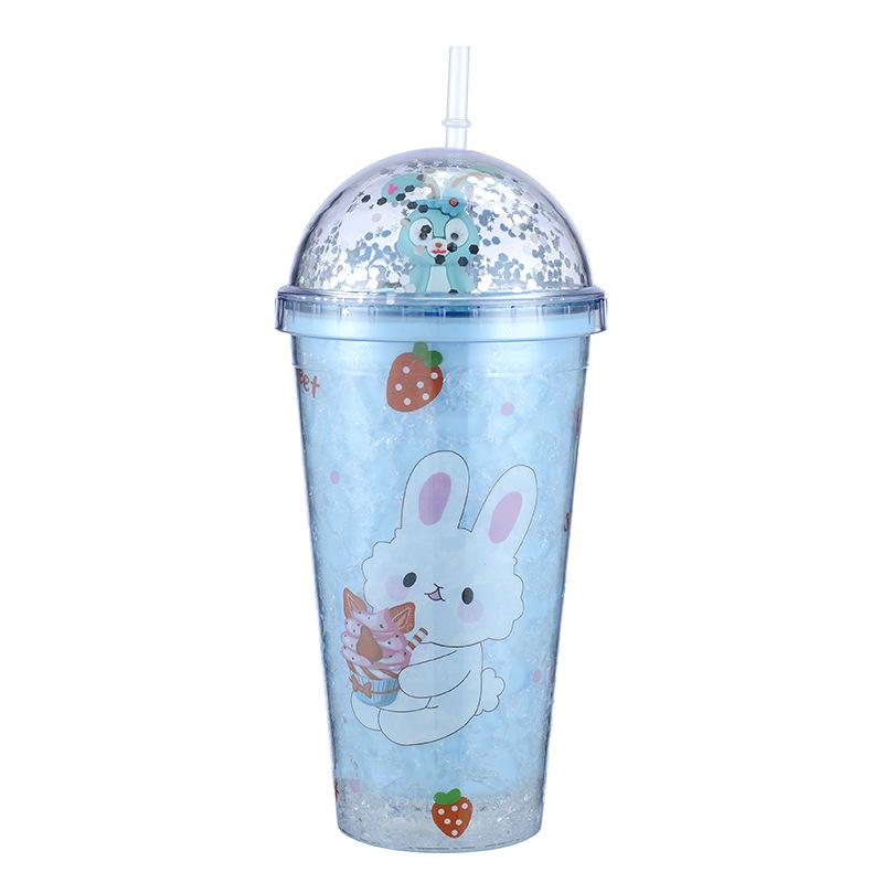 new creative cartoon double plastic straw cup bunny with straw summer ice cup children's led cup with light Item Picture