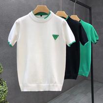 fashion brand white knitted fabric short sleeve ice silk men's trendy handsome keep warm inner match half sleeve sweater t-shirt men's undershirt