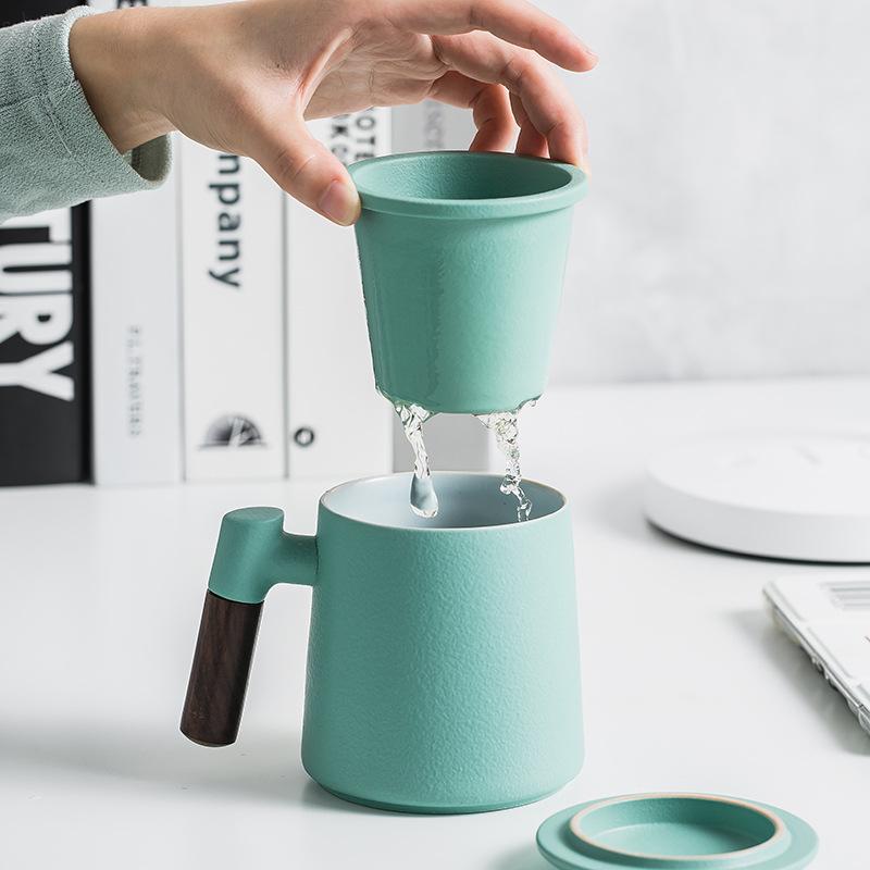 陶瓷马克杯茶水分离泡茶杯家用简约办公室喝茶水杯带盖大容量定制