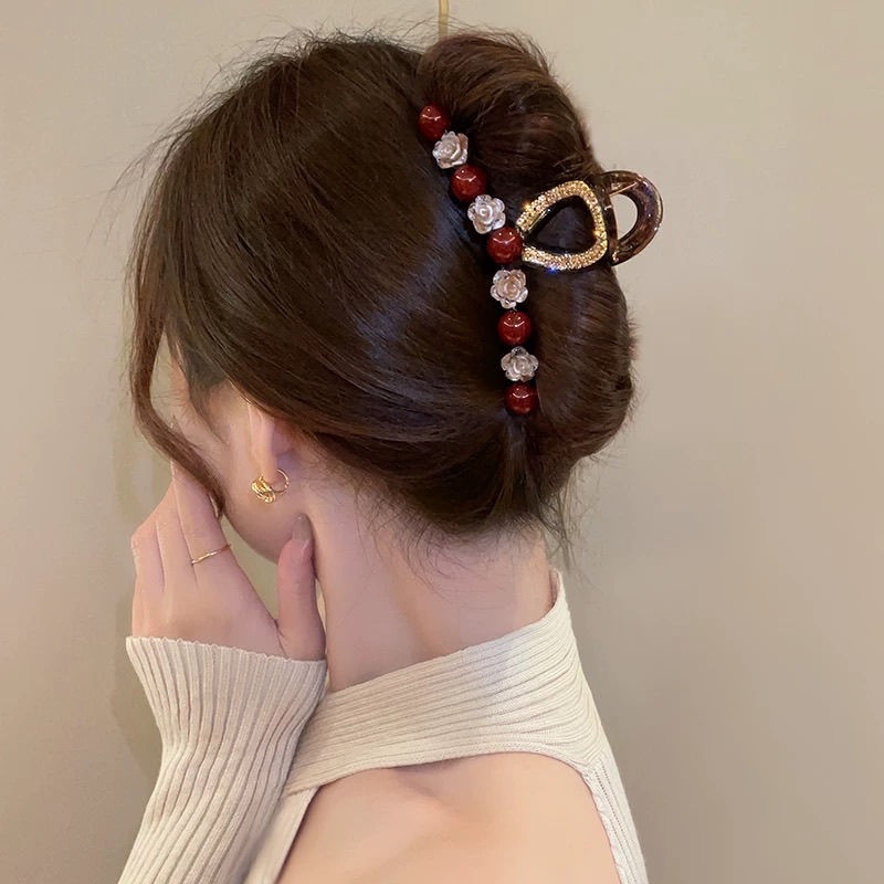 New Year's red camellia large grabber for women's back head hair accessory, light luxury, fashionable and elegant headwear, updo, shark clip, hair clip and hairpin detail image 5