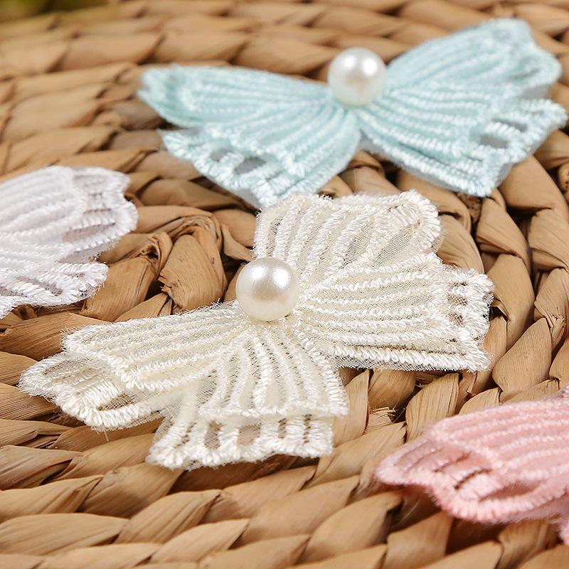 in stock single flower 4.3x5.5cm pearl bow double-layer lace pearl flower wedding lace Application Scenario