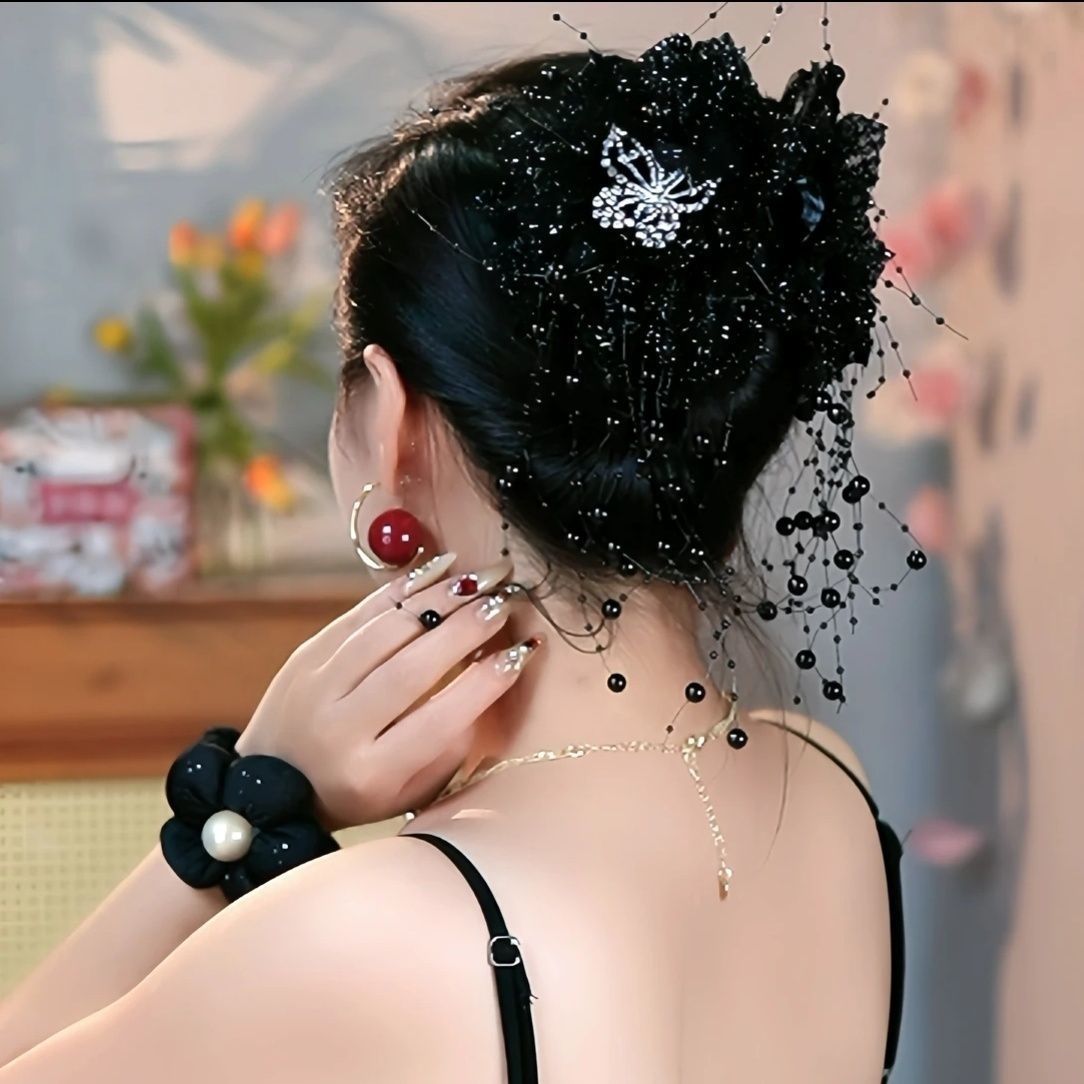 A new Korean-style, retro, versatile and fashionable headpiece with bright silk, flower, butterfly, tassel, shark, and a large hairpin at the back of the head detail image 4