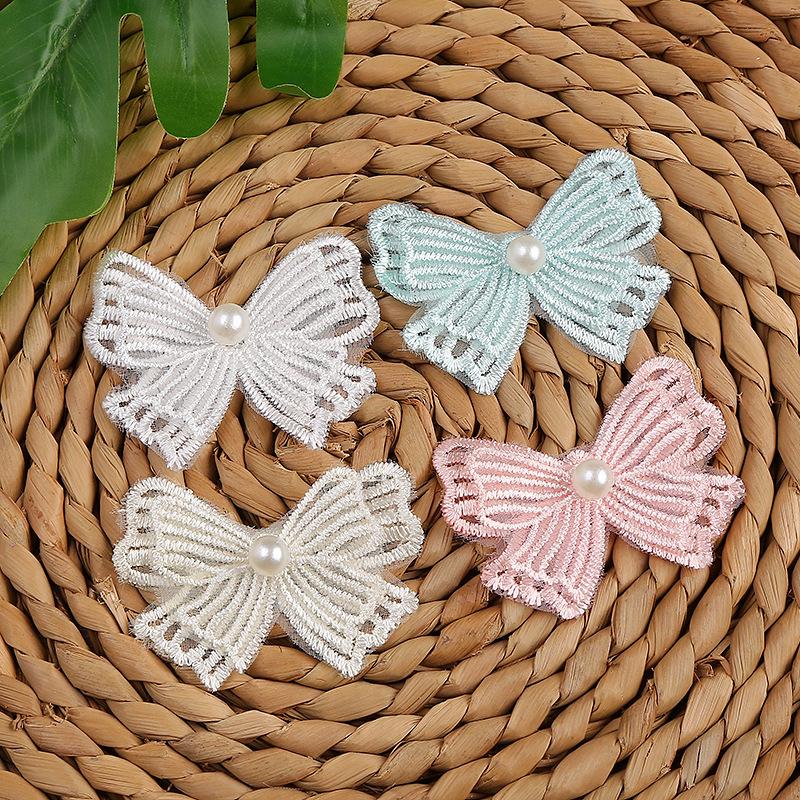 in stock single flower 4.3x5.5cm pearl bow double-layer lace pearl flower wedding lace full figure