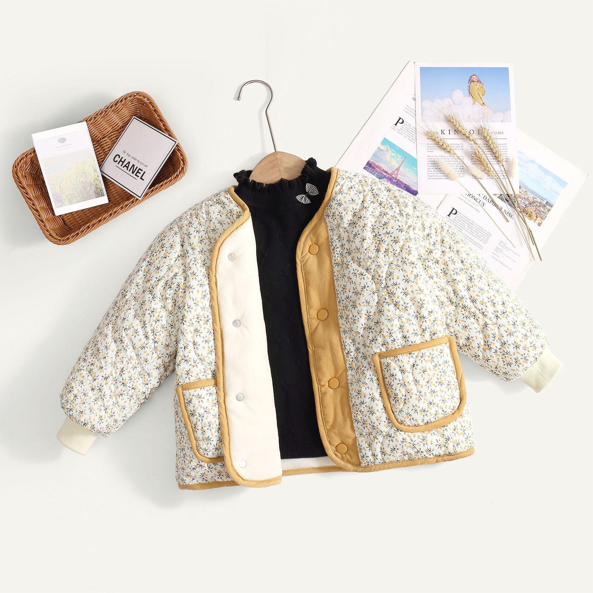 girls padded cotton clothes autumn and winter fleece-lined korean floral quilted corduroy western style liner cotton-padded jacket children's cotton clothes top