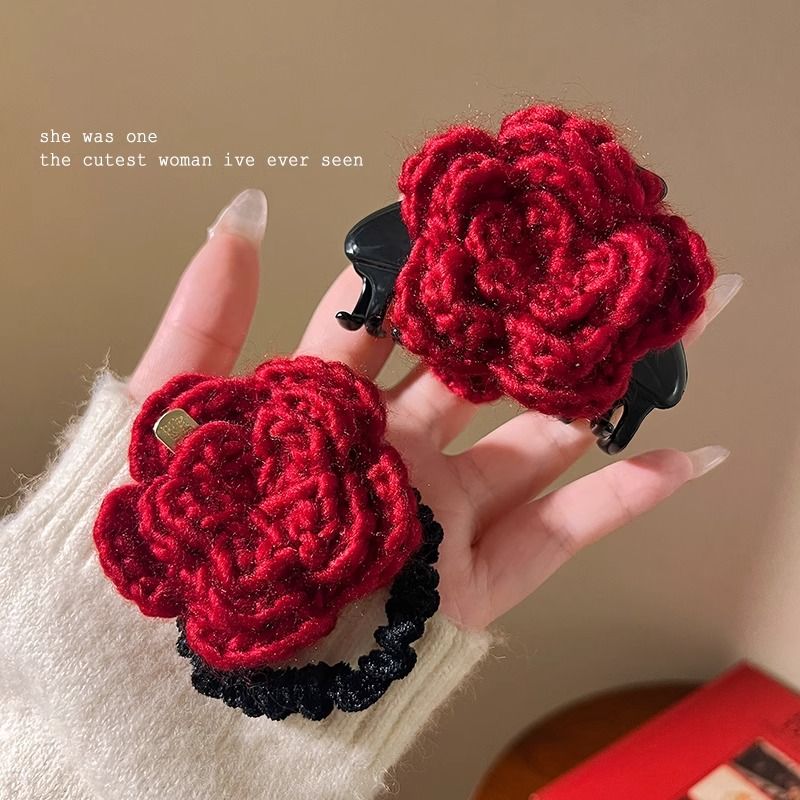 Cute red rose flower clips, New Year red handcrafted flower art hair clips, Chenmo accessories, hair clips wholesale details Picture
