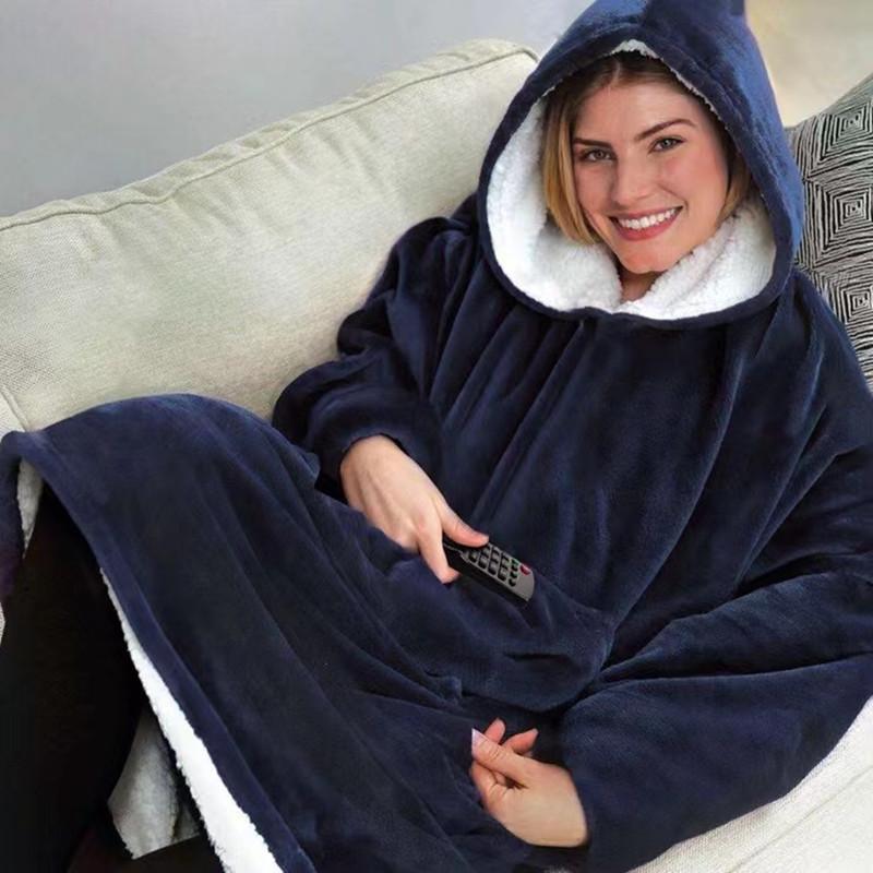 tv flannel pajamas lazy blanket tv blanket outdoor cold-proof hooded tracksuit solid color long-sleeved thickened couple