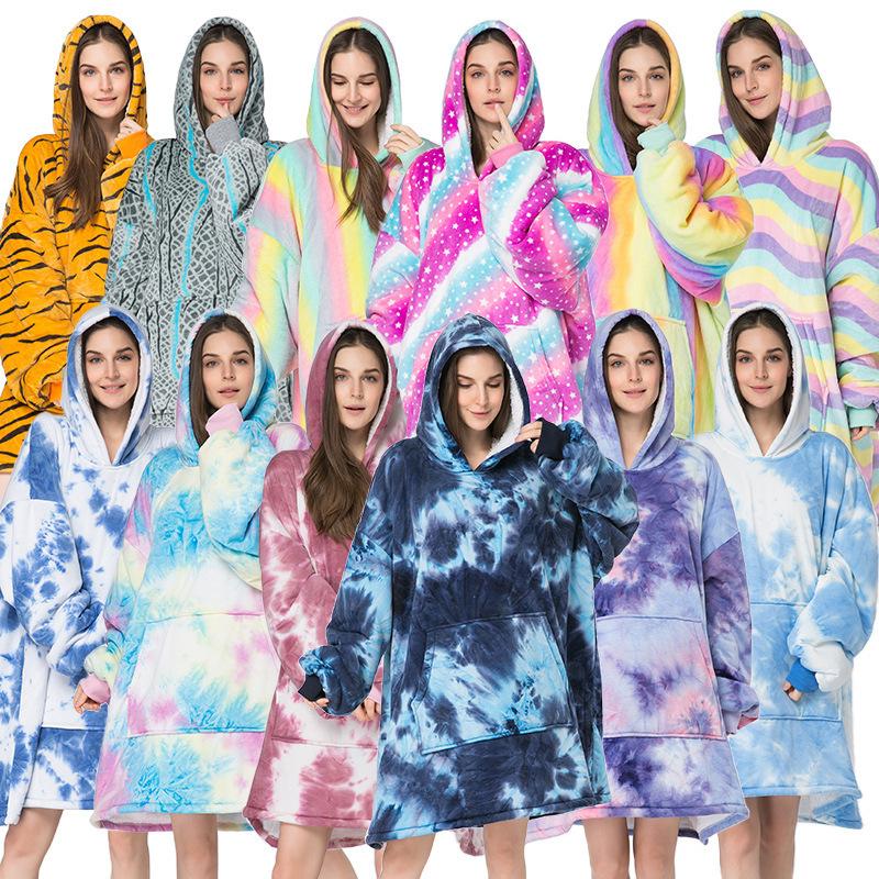 cross-border printing tie-dyed lazy leisure pullover clothes hooded lazy sleeping blanket outdoor cold-proof clothes wearable cover blanket