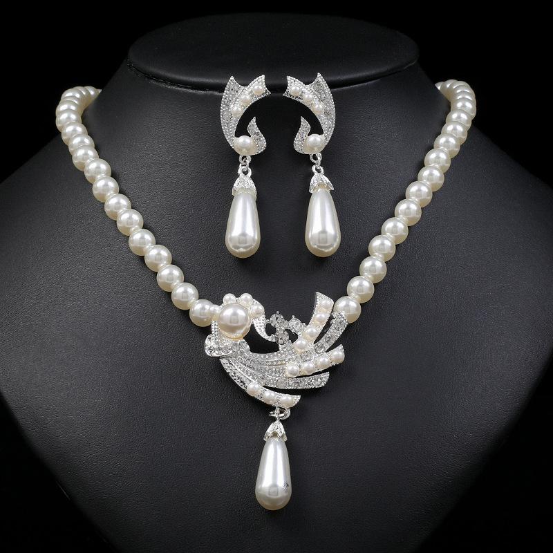korean style trendy pearl necklace and earrings suite bridal dress versatile accessories fashionable novel alloy electric two-piece set