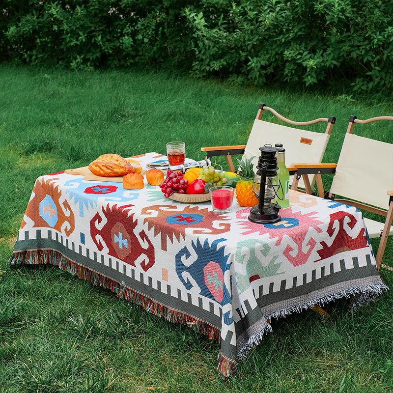 bohemian style cotton linen fabric picnic mat outdoor camping rugs tablecloth moisture-proof floor mat decorative blanket in stock wholesale