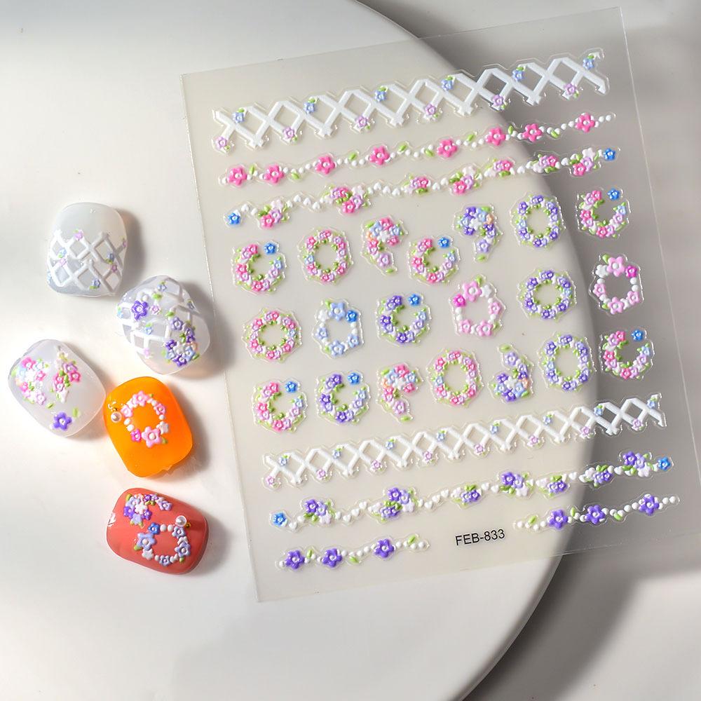 factory wholesale embossed nail stickers paper sweet hot fresh nail sticker 5d japanese spring garland stickers details Picture