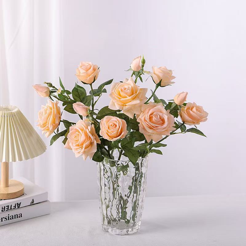 3头绒布玫瑰仿真花婚庆花假花婚礼堂餐桌插花摆件图