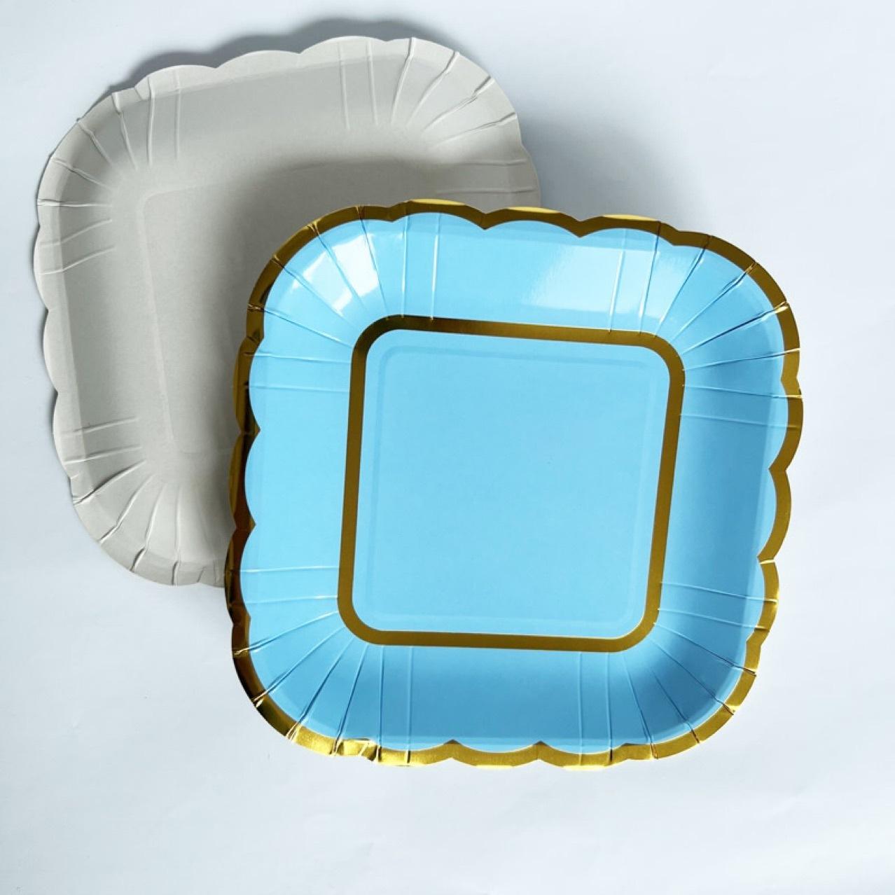factory wholesale disposable paper tray wave edge gilding square paper plate white cardboard plate 7-inch party square plate
