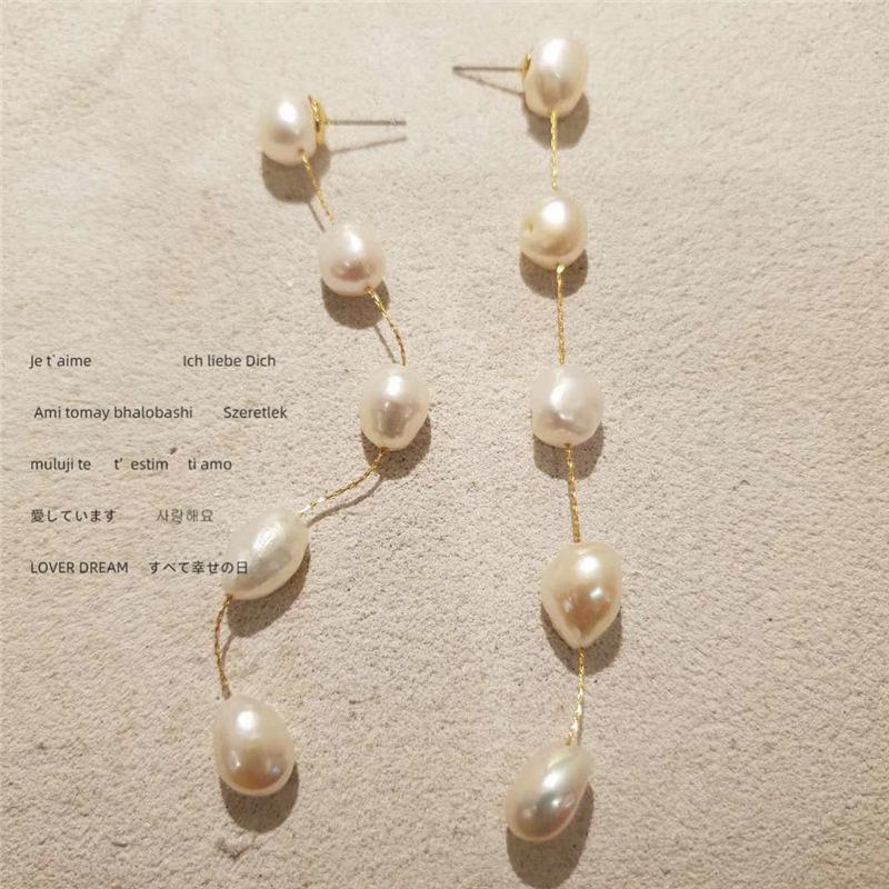 Retro Sterling Silver Needle Natural Fresh Water Pearl Long Earrings Real Gold Electroplating Fresh Water Pearl Tassel Earrings Women