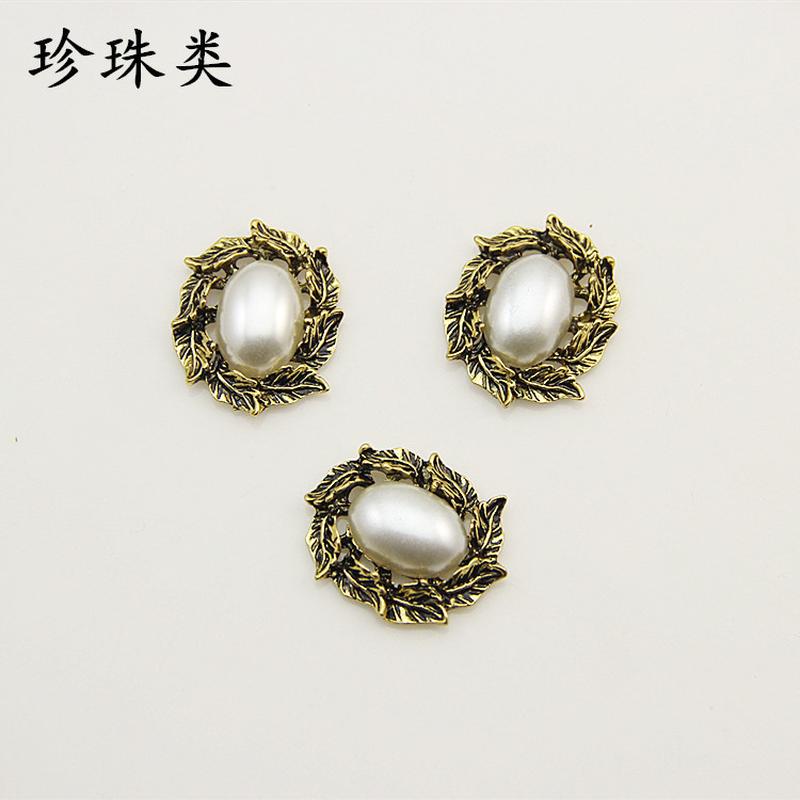ancient & gold inlay 13 * 18mm pearl crystal leaves wild hair accessories rhinestone buckle diy alloy accessories Item Picture