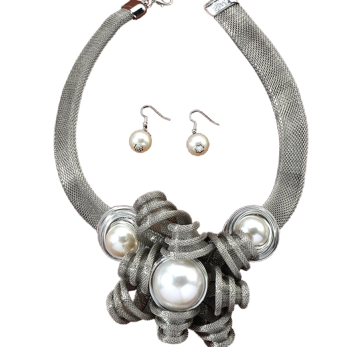 new cross-border middle east ornament suit fashion personality handmade woven pearl pendant necklace and earrings suite suit Item Picture