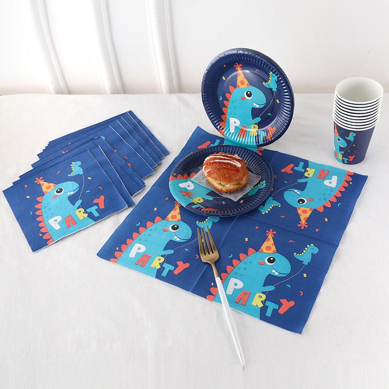 New Dinosaur Three-Piece Set Paper Pallet Paper Cup Tissue Set Birthday Party Supplies Scene Layout Decoration Set details Picture