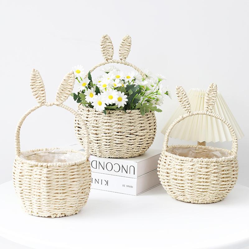 portable net red rabbit flower basket easter rabbit basket rabbit ears paper rope woven basket